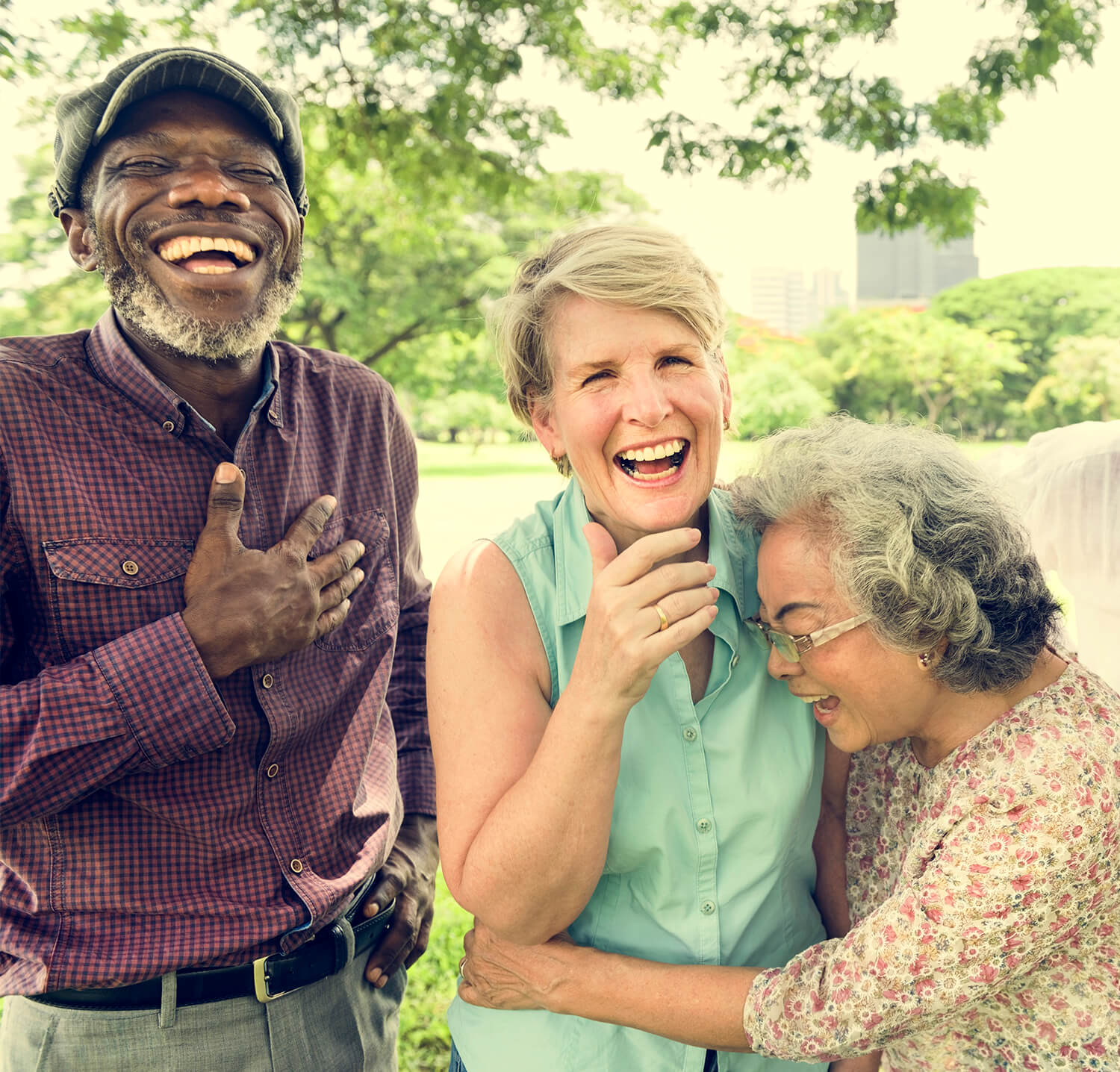 Group of mature men and woman laughing outdoors