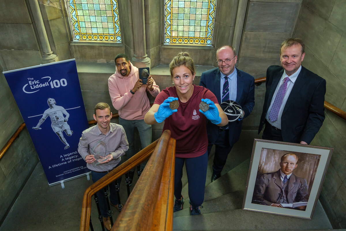 From left to right: Colin Hutchison, Kieron Achara, Gemma Burton, Graham Law and John MacMillan (holding the portrait of Eric Liddell, on display at the National Portrait Gallery.)